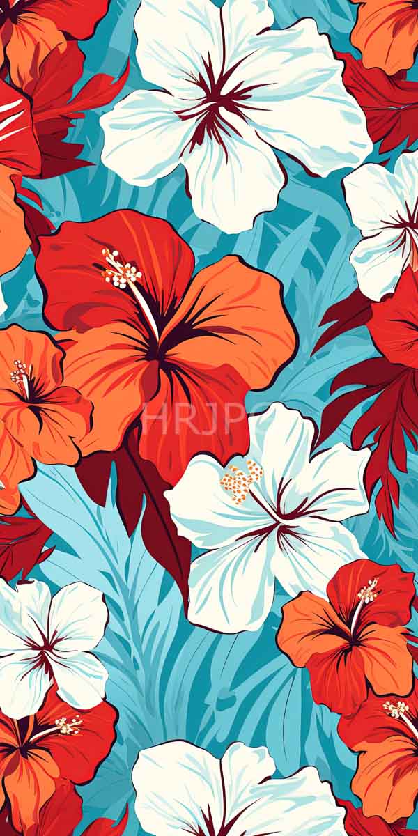 High Resolution: Vibrant hibiscus flowers red orange and white dark red centers yellow stamens set against teal stylized palm leaves flowers are large download. | HRJPG.com