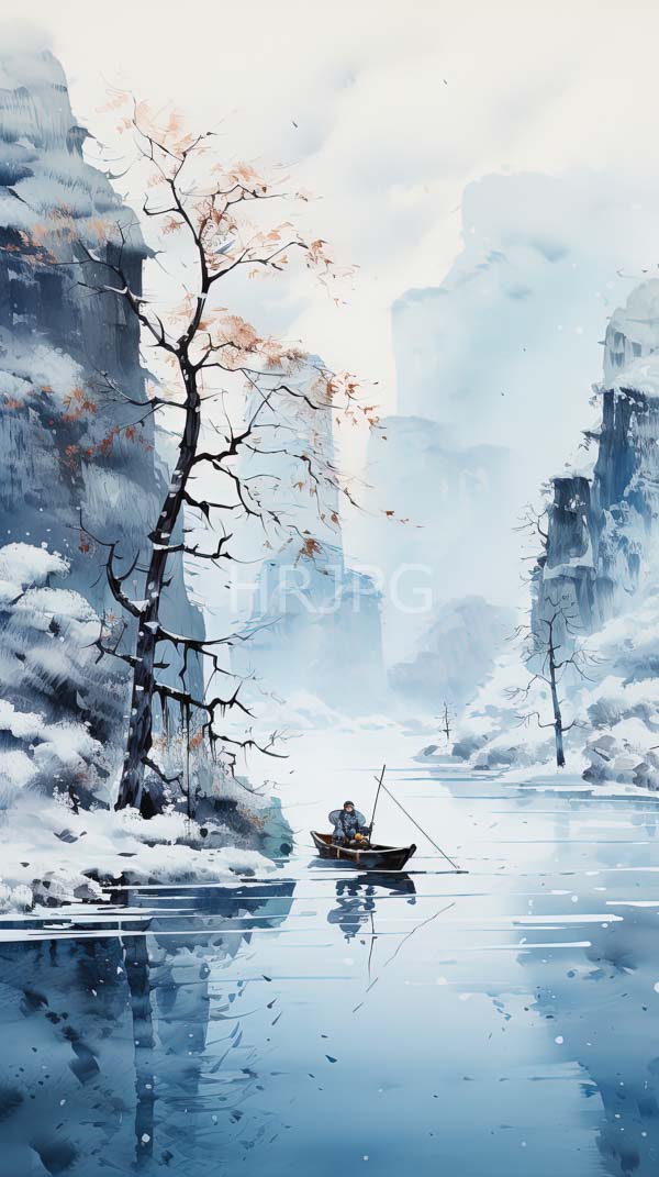 High Resolution: Serene icy landscape lone figure small wooden boat single oar paddles reflective snow-covered river Snow-clad cliffs and barren trees sparse download. | HRJPG.com