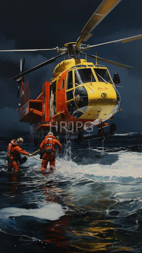 High Resolution: Photorealistic yellow and orange rescue helicopter hovering above dark stormy sea Two rescue workers orange suits and helmets are pulling download. | HRJPG.com