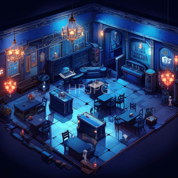 High Resolution: Dimly lit blue-tinted restaurant viewed from above room features ornate vintage decor chandeliers wooden furniture tiled floors download. | HRJPG.com