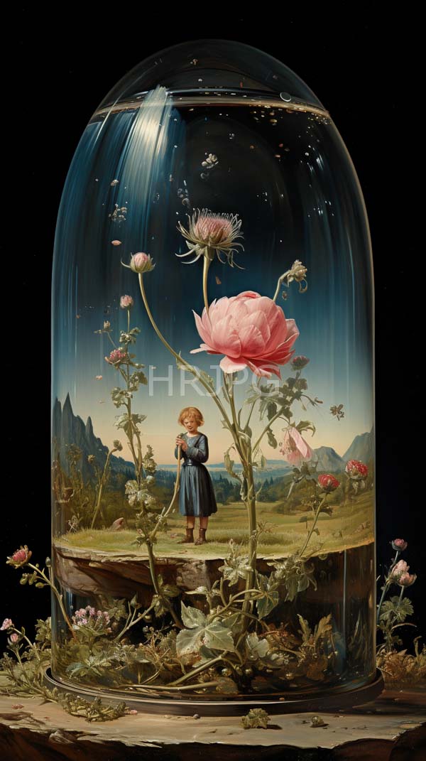High Resolution: Highly detailed realistic young girl blonde hair wearing blue dress standing glass dome She surrounded tall pink and white thistles download. | HRJPG.com