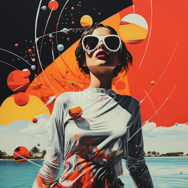 High Resolution: Young woman short black hair wearing white oversized sunglasses gray long-sleeve shirt red splatter patterns She stands front vibrant abstract download. | HRJPG.com