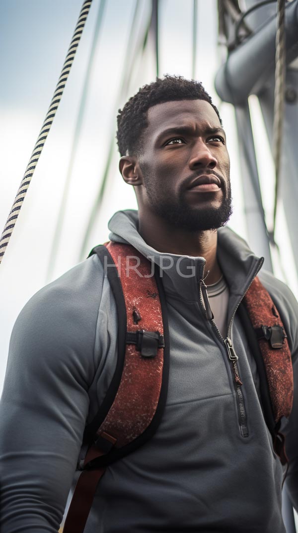 High Resolution: Muscular dark-skinned Black man short curly hair trimmed beard wearing gray zip-up hoodie red worn backpack He stands outdoors near download. | HRJPG.com