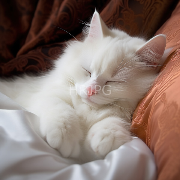 High Resolution: Fluffy white long-haired cat pink nose closed eyes sleeping peacefully white and orange patterned bed cat's soft fur contrasts download. | HRJPG.com