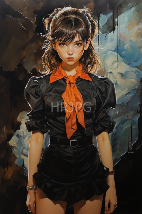 High Resolution: Young woman light brown skin dark brown hair half-up half-down style She wears black puffed-sleeve blouse orange scarf tied download. | HRJPG.com