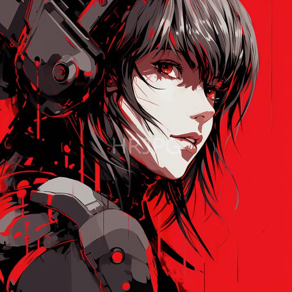 High Resolution: Anime-style young woman black messy hair red eyes wearing futuristic armored headset She has confident slightly mischievous expression solid vibrant download. | HRJPG.com