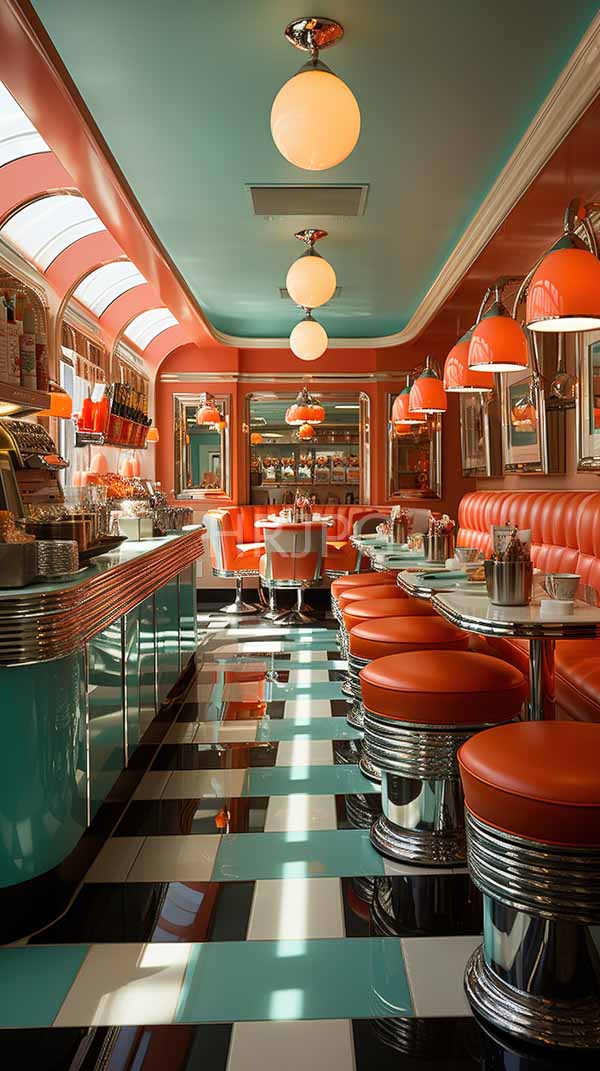 High Resolution: Retro-style diner vibrant orange and turquoise color scheme room features checkered black and white floor tiles chrome stools red cushions download. | HRJPG.com
