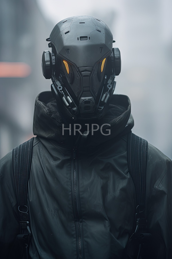 High Resolution: Person wearing futuristic black armored helmet orange accents gas mask set against foggy urban background They dressed black high-collared jacket download. | HRJPG.com