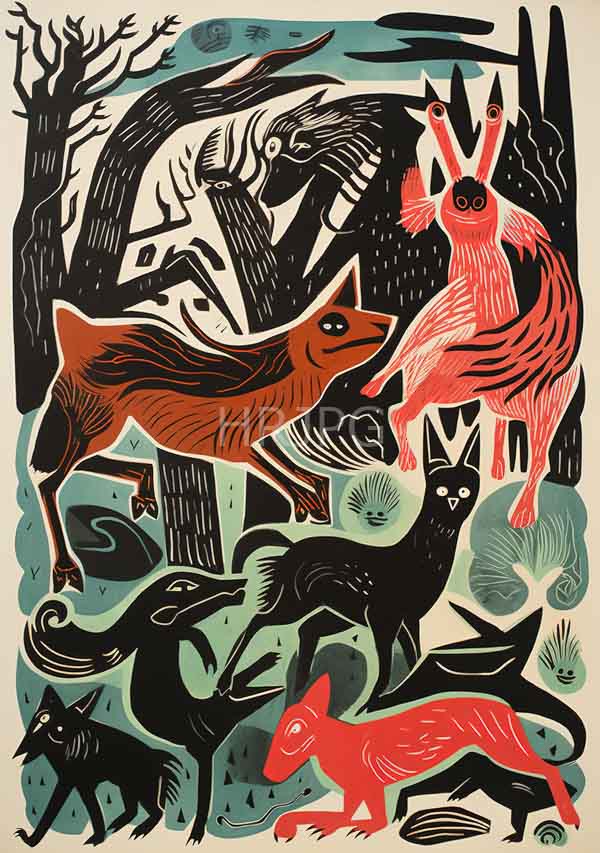 High Resolution: Stylized dynamic abstract forest scene various fox-like creatures uses bold contrasting colorsblack red orange and tealagainst beige download. | HRJPG.com