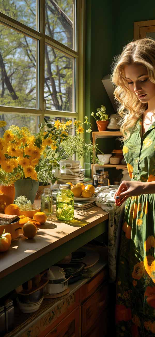 High Resolution: Blonde woman wavy hair wearing green floral dress standing sunlit kitchen She gazes wooden table adorned yellow flowers lemons and download. | HRJPG.com