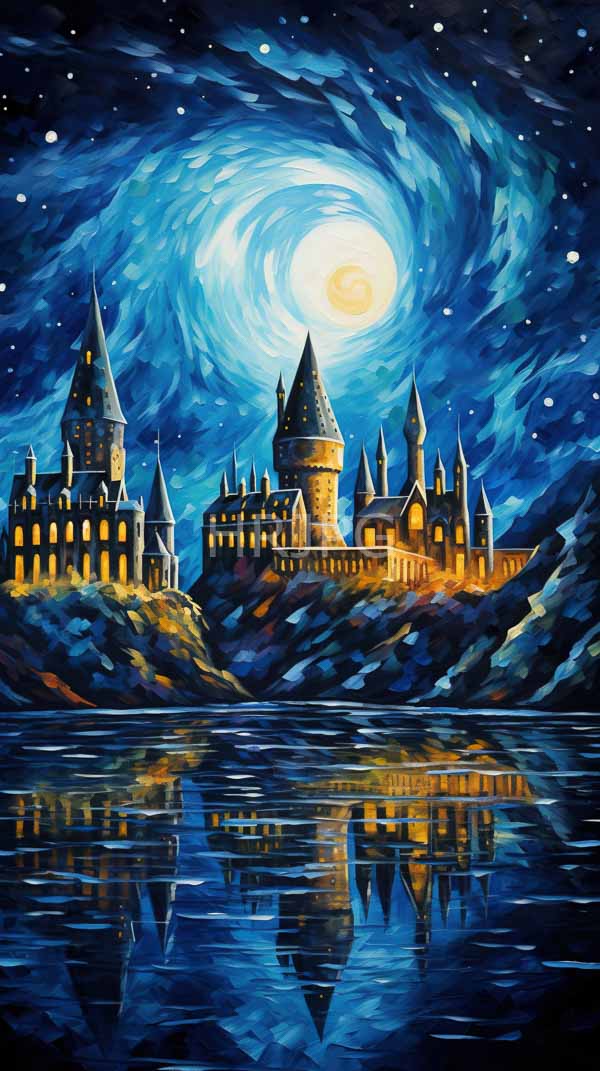 High Resolution: Vibrant magical castle multiple pointed towers under swirling starry night sky illuminated glowing full moon castle reflecting calm mirror-like download. | HRJPG.com