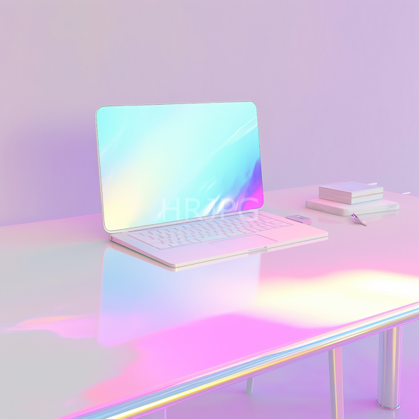 High Resolution: Sleek modern desk white minimalist laptop featuring colorful gradient screen (blue pink yellow) desk reflective casting laptop's colors right two download. | HRJPG.com