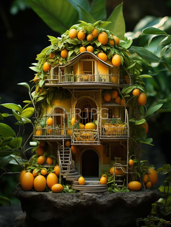 High Resolution: Whimsical fairy-tale-style two-story house made wood adorned vibrant orange oranges lush green leaves house has arched windows download. | HRJPG.com
