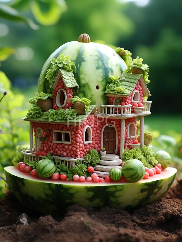 High Resolution: Whimsical miniature fairy-tale house made watermelon slices watermelon dome roof house red watermelon seed walls green leafy roof accents download. | HRJPG.com