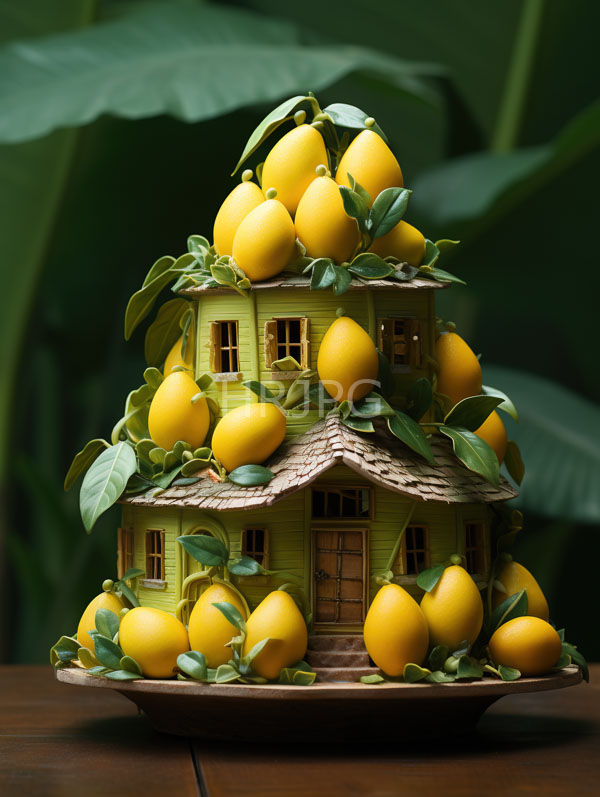 High Resolution: Whimsical three-tiered lemon house model made green textured material adorned numerous bright yellow lemons and green leaves Each download. | HRJPG.com