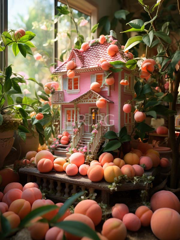 High Resolution: Detailed pink Victorian-style dollhouse red-tiled roof surrounded numerous pink and peach-colored peaches dollhouse adorned white trim and small porch download. | HRJPG.com