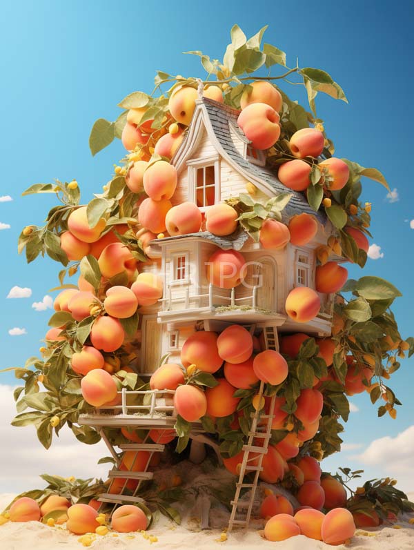 High Resolution: Whimsical peach tree small white Victorian-style house nestled among vibrant orange peaches house gray shingled roof wooden balcony download. | HRJPG.com