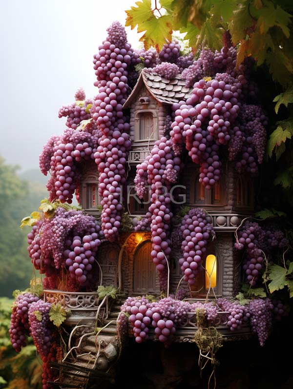 High Resolution: Whimsical fairy-tale-like wooden house completely covered vibrant purple grape clusters house shingled roof arched windows sits rocky outcrop surrounded download. | HRJPG.com