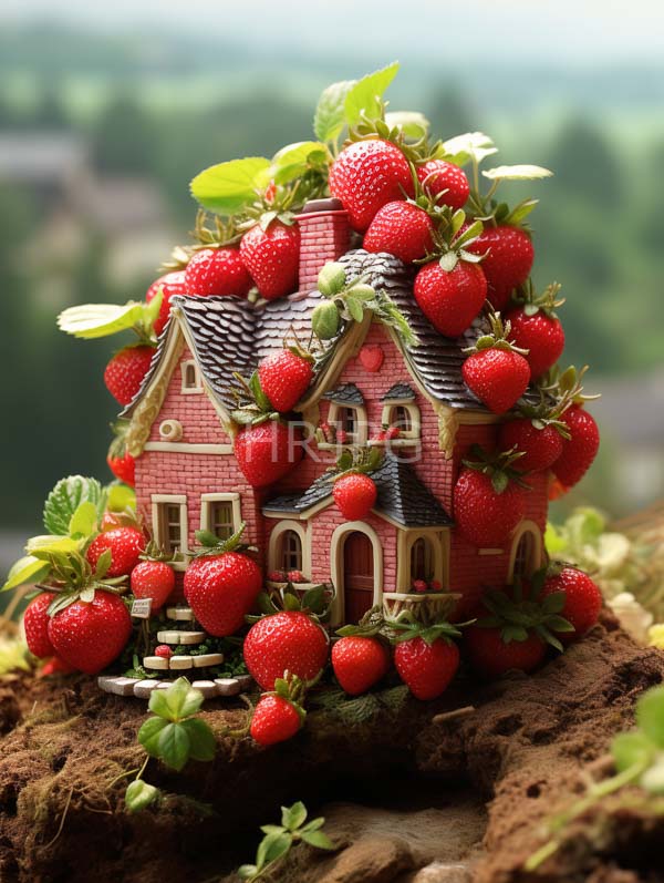 High Resolution: Tiny red-brick fairy house adorned numerous bright red strawberries some green leaves house has shingled roof small windows and download. | HRJPG.com
