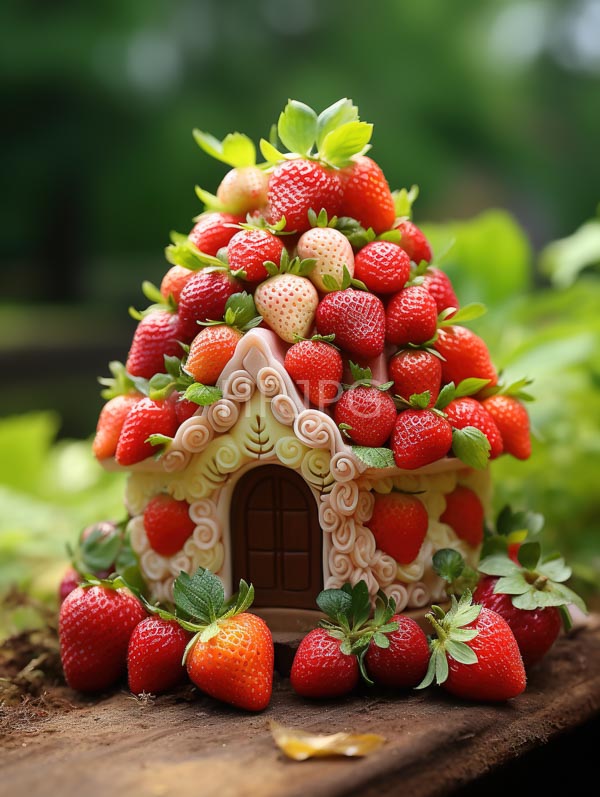 High Resolution: Whimsical tiny fairy-tale house made entirely strawberries pointed roof small wooden door house adorned various-sized strawberries some green download. | HRJPG.com