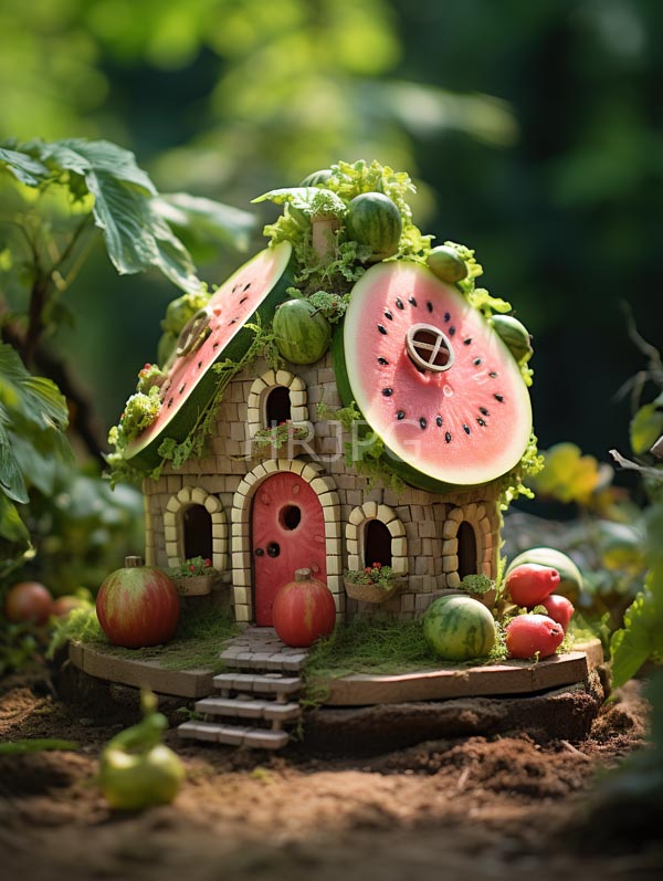 High Resolution: Whimsical fairy-tale-style miniature house made stone adorned watermelon slices house has red door small arched windows and moss-covered download. | HRJPG.com