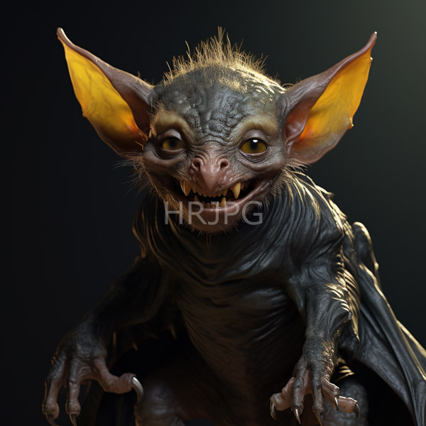 High Resolution: Grotesque small bat-like creature large yellow-tinged ears wrinkled gray skin sharp yellowed teeth It has mischievous grin prominent brow ridges download. | HRJPG.com