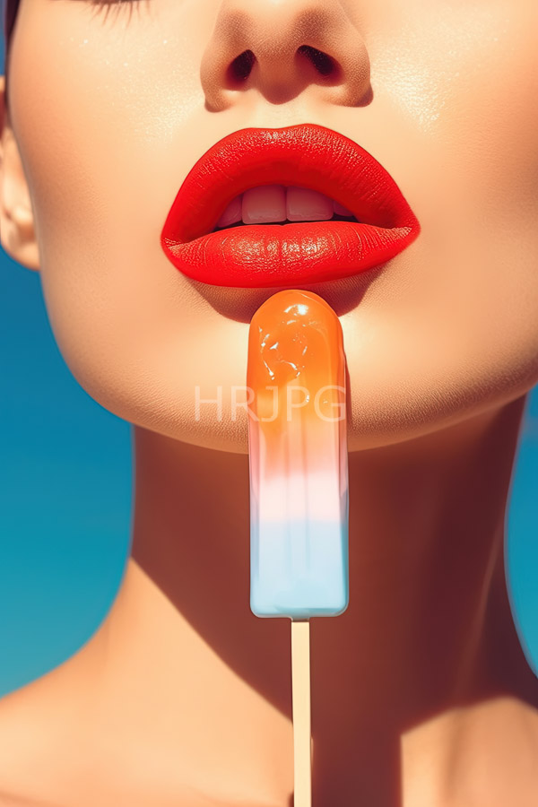 High Resolution: Woman's face focusing her glossy red lips and tip orange-to-blue gradient popsicle she holding wooden stick Her smooth tan skin download. | HRJPG.com