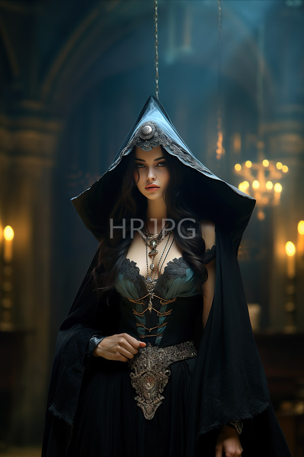 High Resolution: Young woman long wavy brown hair wearing black hooded cloak triangular peak has fair complexion red lipstick teal lace-trimmed corset download. | HRJPG.com