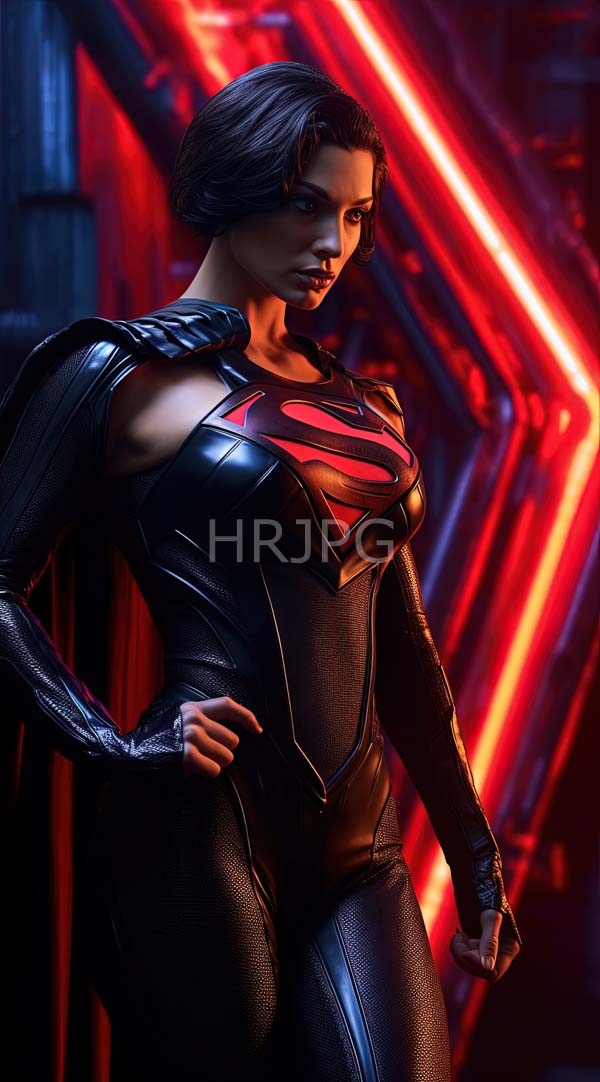 High Resolution: Muscular dark-haired woman black glossy Superman-inspired bodysuit red "S" emblem stands confidently hand hip neon-lit futuristic background download. | HRJPG.com