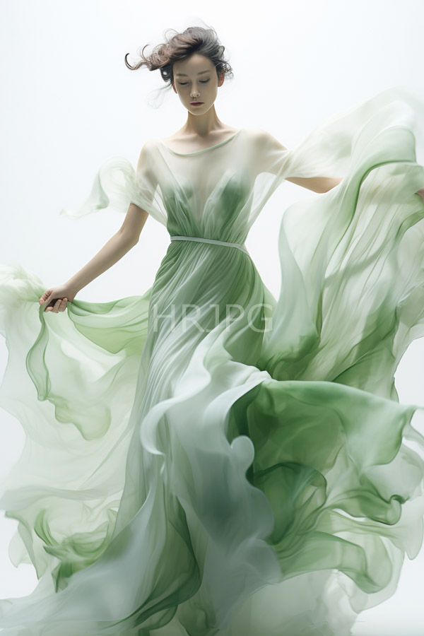 High Resolution: Slender fair-skinned woman delicate features dark wavy hair wears flowing sheer green chiffon gown that billows around her creating sense download. | HRJPG.com