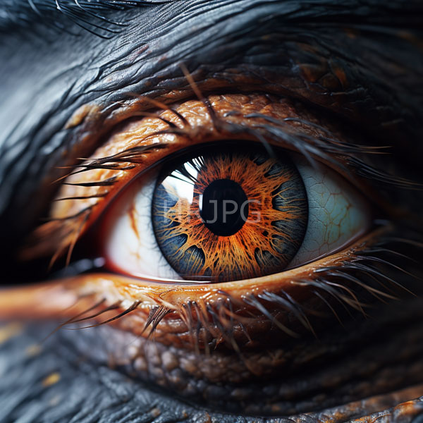 High Resolution: Hyper-realistic human eye striking vivid orange and blue iris eye's texture detailed showing fine wrinkles around eyelid dark thick download. | HRJPG.com