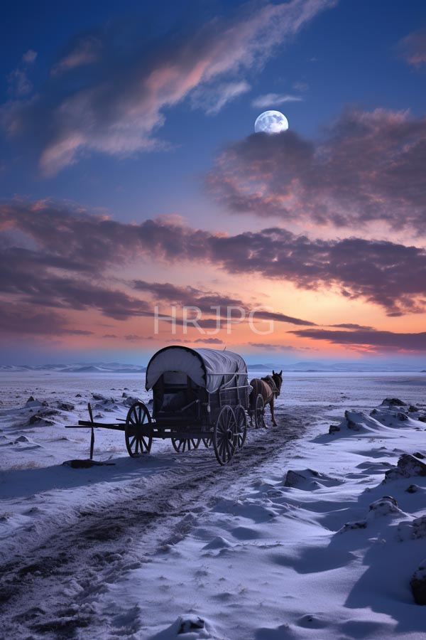 High Resolution: Snowy twilight landscape features covered wagon large wooden wheels horse standing beside sky gradient deep blue to orange full moon download. | HRJPG.com