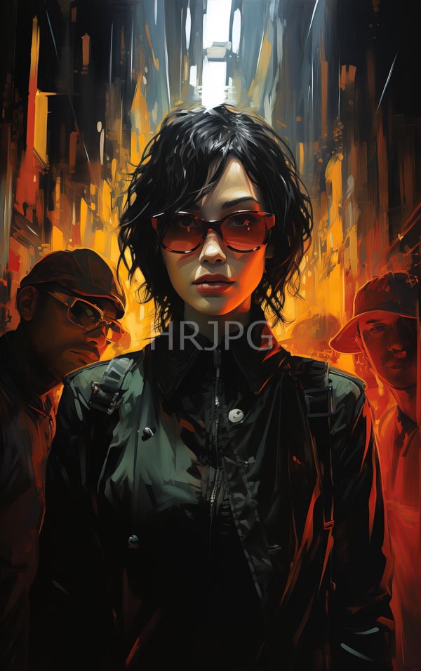 High Resolution: Young woman wavy black hair wearing red sunglasses dark green military-style jacket buttons stands centered flanked two men dark clothing download. | HRJPG.com