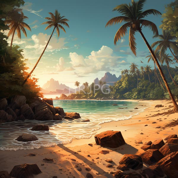High Resolution: Tropical beach sunset scene Palm trees slender trunks lush green fronds frame scene warm golden sunlight casts long shadows download. | HRJPG.com