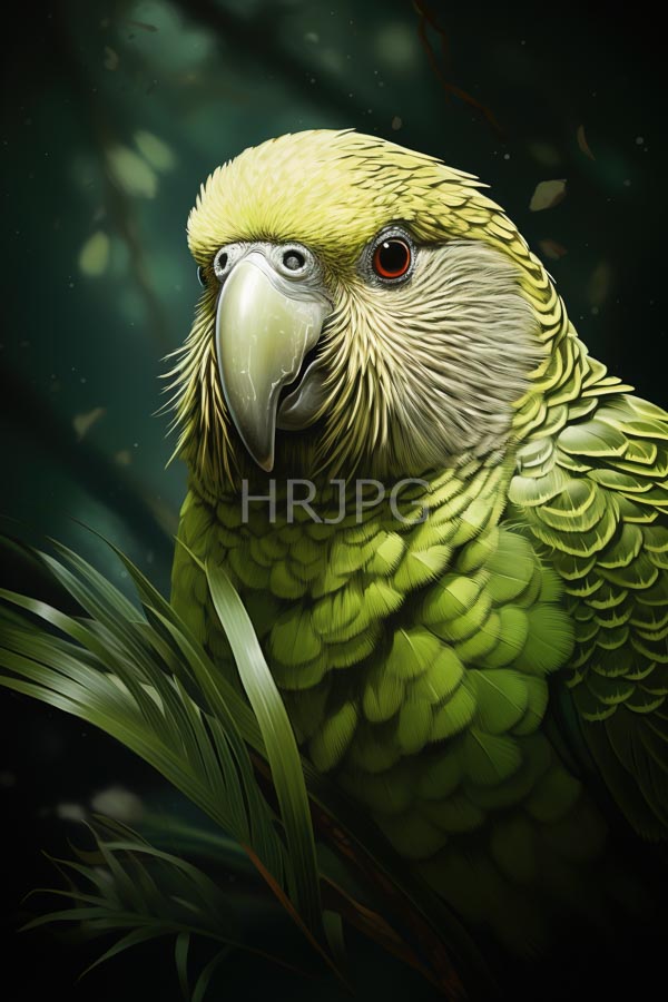 High Resolution: Green parrot detailed textured feathers shades yellow-green parrot has prominent curved beak red eye focused expression surrounded blurred dark download. | HRJPG.com
