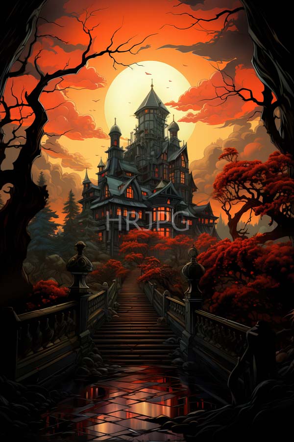High Resolution: Gothic multi-turreted castle illuminated warm orange light set against glowing full moon castle centered reflective wet stone pathway leading download. | HRJPG.com