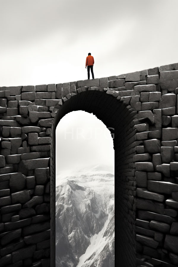 High Resolution: Solitary man orange jacket standing stone archway overlooking snowy mountain range archway constructed large dark gray stones creating stark download. | HRJPG.com