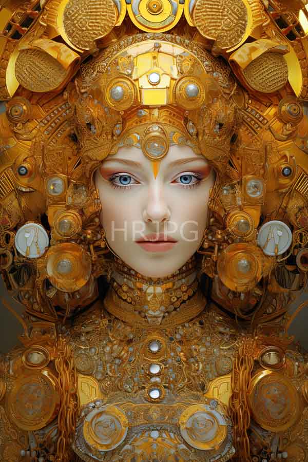High Resolution: Pale-skinned blue-eyed woman delicate features wearing elaborate golden steampunk-inspired headdress and armor intricate headpiece adorned gears cogs and download. | HRJPG.com