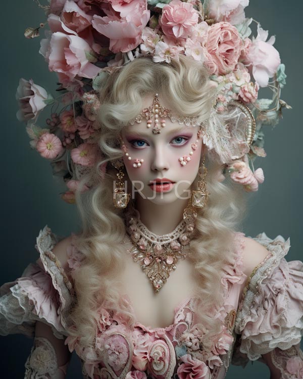 High Resolution: Pale-skinned blue-eyed woman wavy blonde hair adorned large elaborate floral headdress pink roses She wears intricate pink and gold download. | HRJPG.com