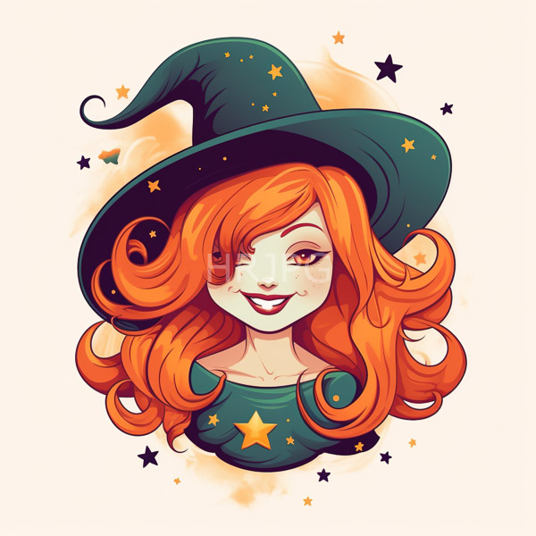 High Resolution: Smiling fair-skinned witch vibrant orange wavy hair wearing large dark green star-patterned witch hat She has one eye covered download. | HRJPG.com