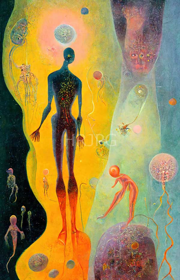 High Resolution: Vibrant abstract features silhouetted humanoid figure dark blue almost black body standing swirling colorful background figure surrounded various small download. | HRJPG.com