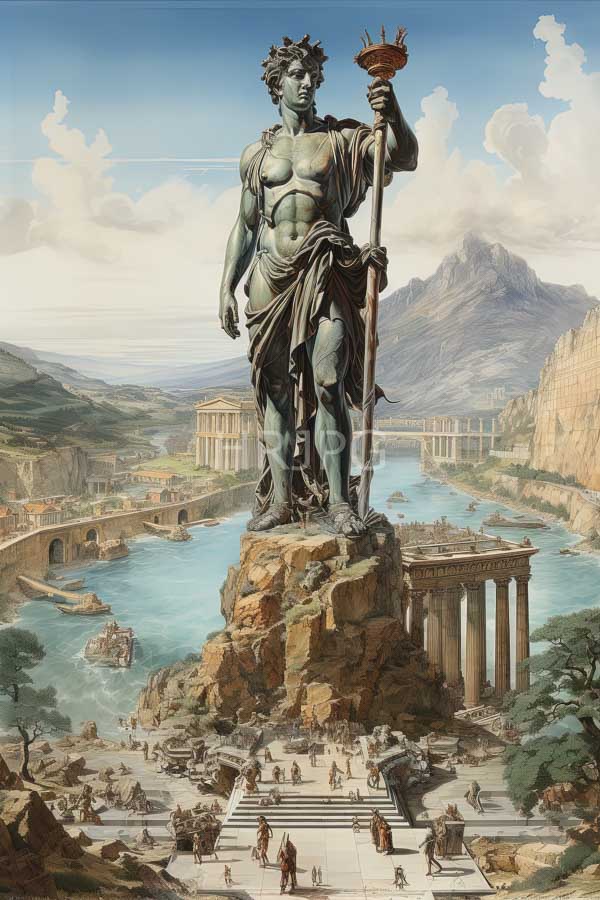 High Resolution: Detailed classical-style towering statue muscular greenish-blue male deity crown leaves holding torch and scepter He stands rocky pedestal center download. | HRJPG.com
