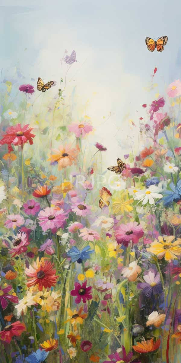 High Resolution: Vibrant impressionistic meadow filled various blooming flowers shades pink red yellow white Butterflies orange and black patterns flutter among download. | HRJPG.com