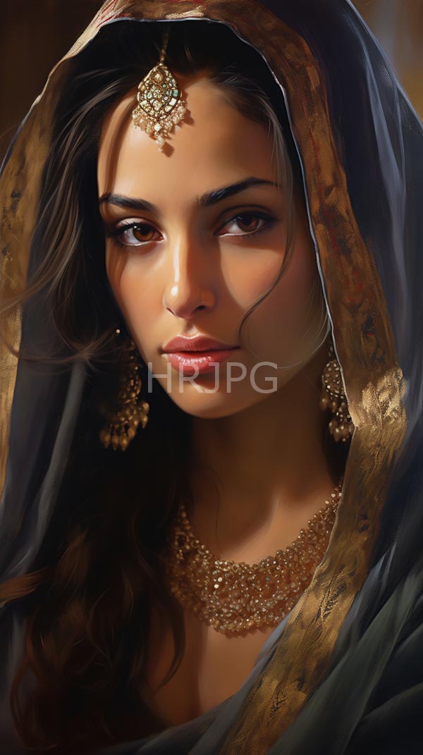High Resolution: Beautiful young South Asian woman medium brown skin long dark brown hair She wears luxurious dark blue and gold-embroidered veil download. | HRJPG.com