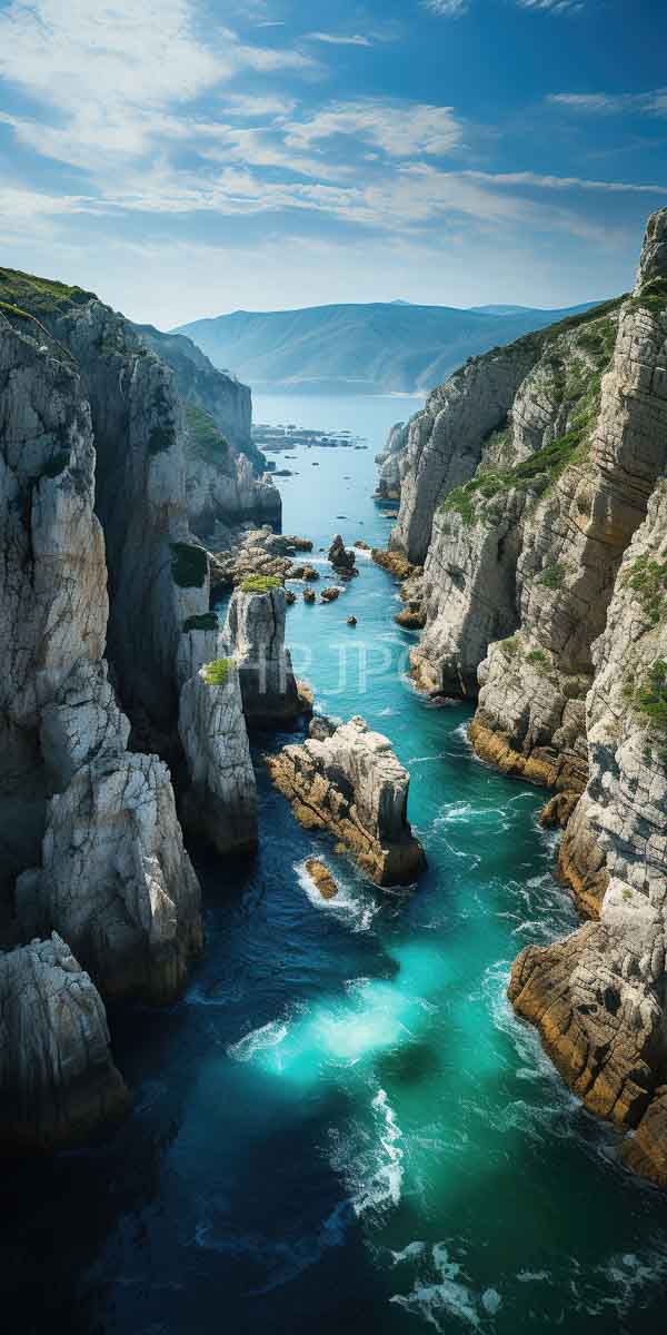 High Resolution: Stunning coastal landscape features towering rugged cliffs gray and beige rock faces surrounded turquoise and deep blue ocean waters download. | HRJPG.com