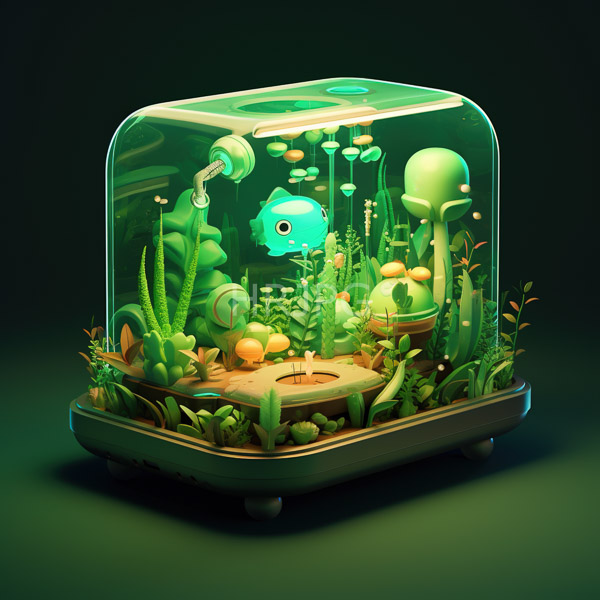 High Resolution: Futuristic glowing aquarium Inside vibrant green and turquoise sea creatures including jellyfish-like fish various plants float under transparent download. | HRJPG.com