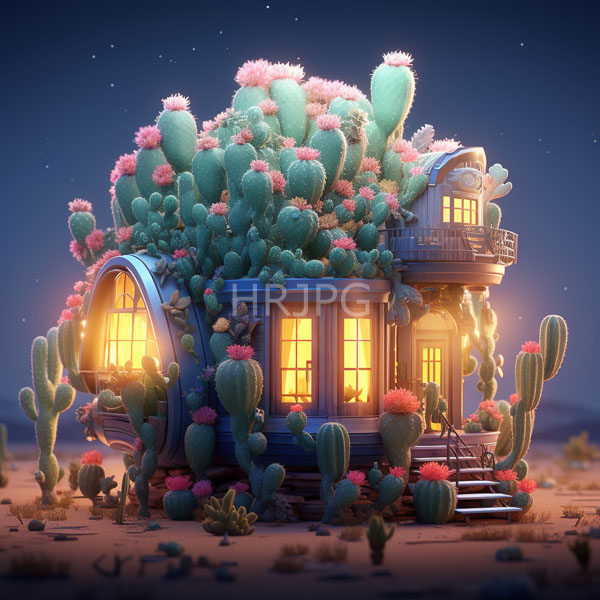 High Resolution: Whimsical desert-themed house covered vibrant pink and green cacti house has glowing yellow windows curved blue roof and small download. | HRJPG.com