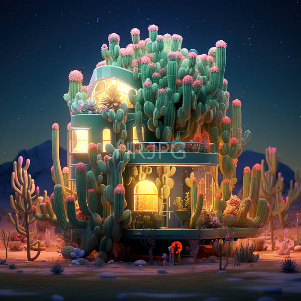 High Resolution: Whimsical two-story house covered vibrant pink-tipped cacti illuminated warm yellow lights features arched windows and a balcony download. | HRJPG.com