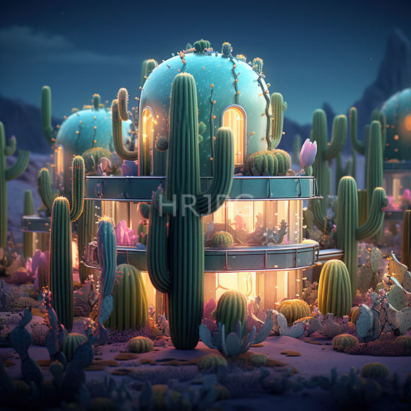 High Resolution: Surreal illuminated desert scene night Two futuristic dome-shaped buildings glowing windows surrounded tall green cacti and various smaller download. | HRJPG.com