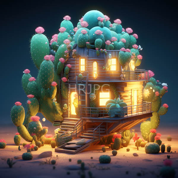 High Resolution: Whimsical glowing wooden house nestled among vibrant pink-flowered cacti house illuminated warm yellow lights has small balcony and staircase download. | HRJPG.com